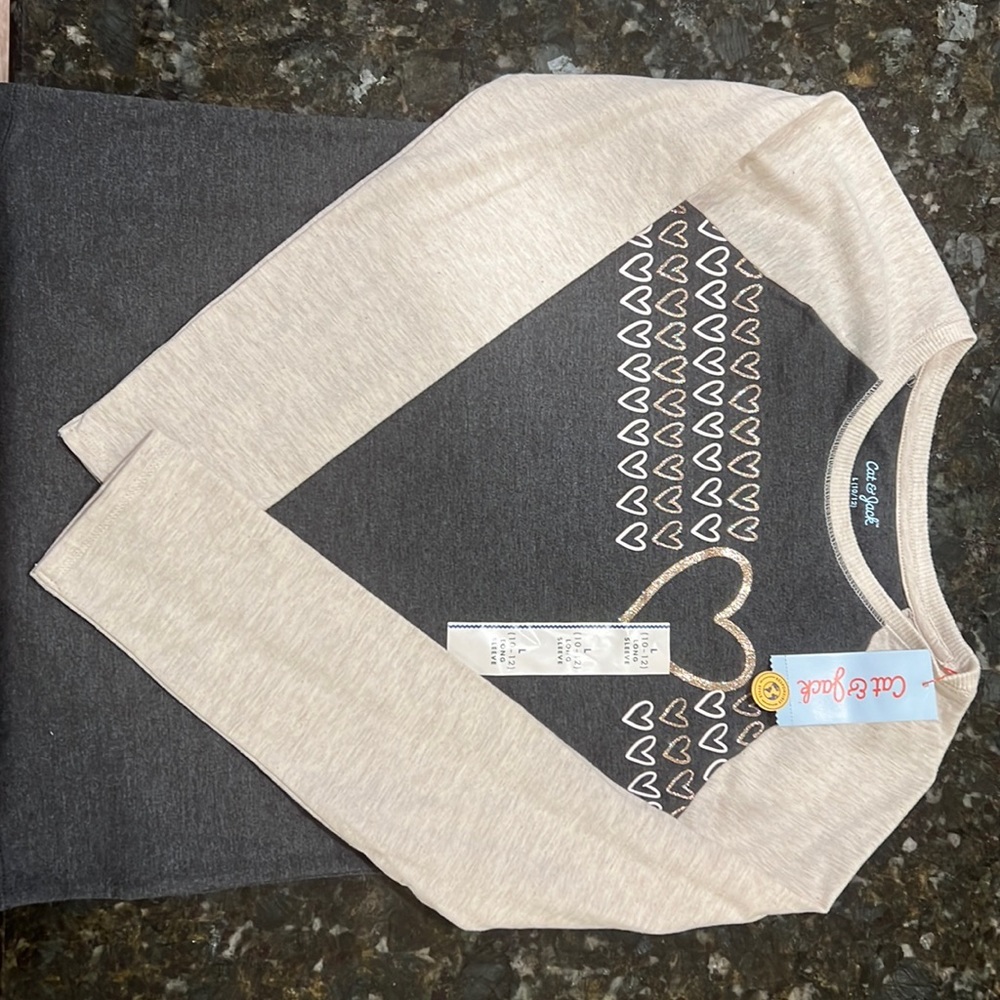 Blue and white long sleeve shirt with sparkly hearts